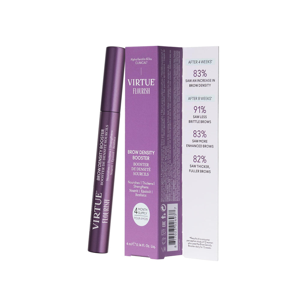 Virtue Flourish brow-density serum bottle ready for precise, fragrance-free application.