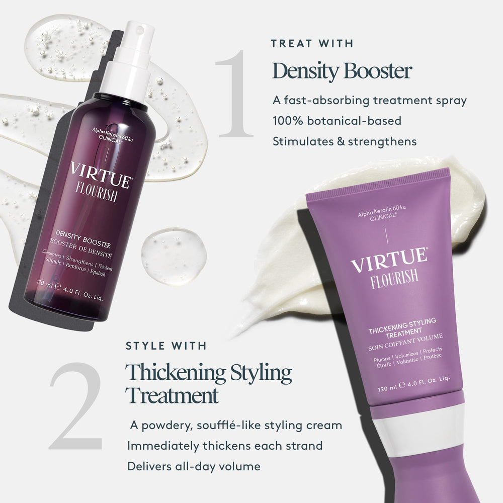 VIRTUE Flourish hair after application shows improved body and bounce.