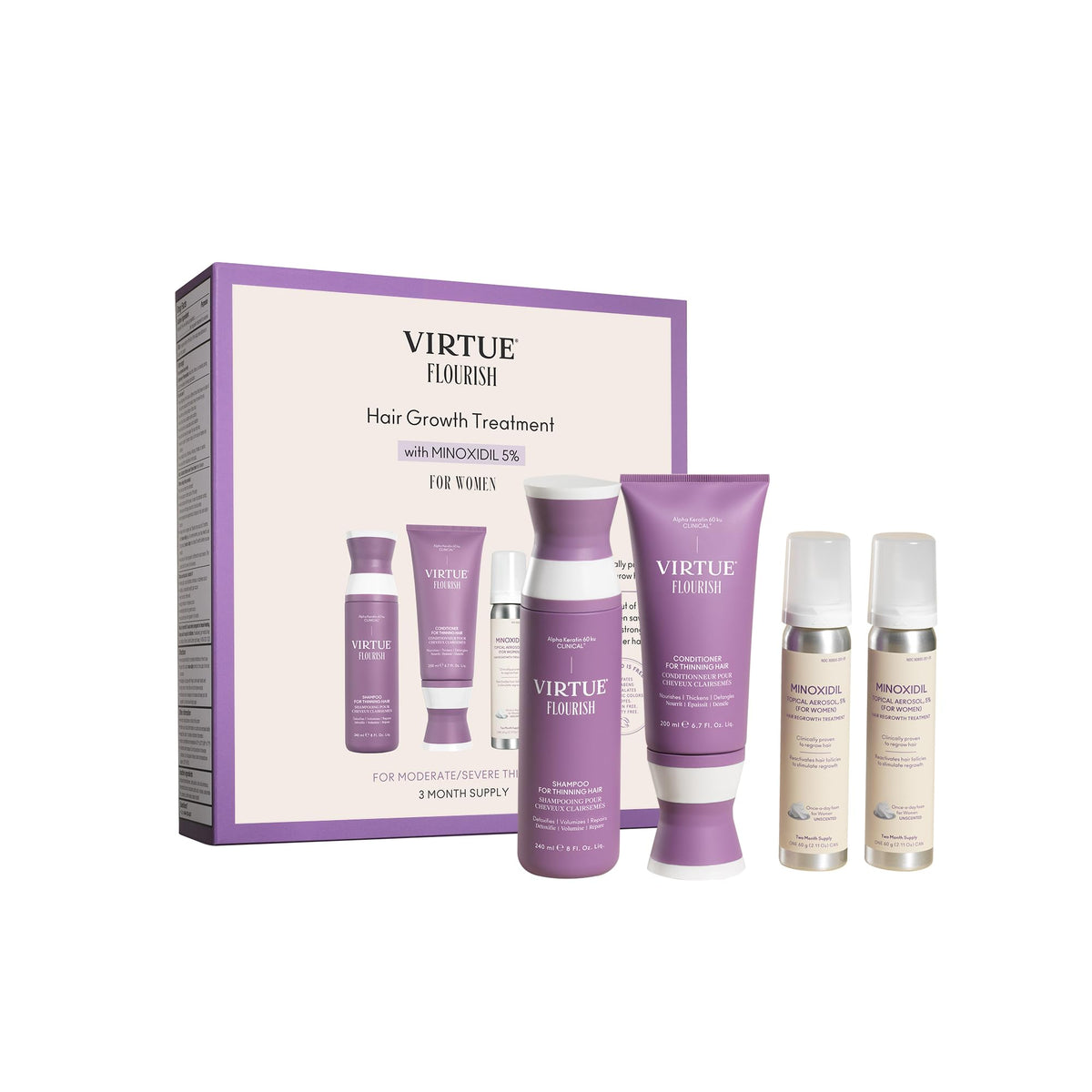 Virtue Flourish minoxidil foam bottle for women supports scalp care on thinning hair