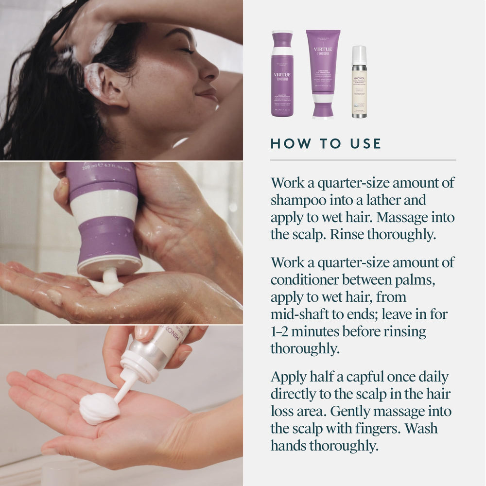 Virtue hair routine in shower scene suggests simple cleansing and conditioning
