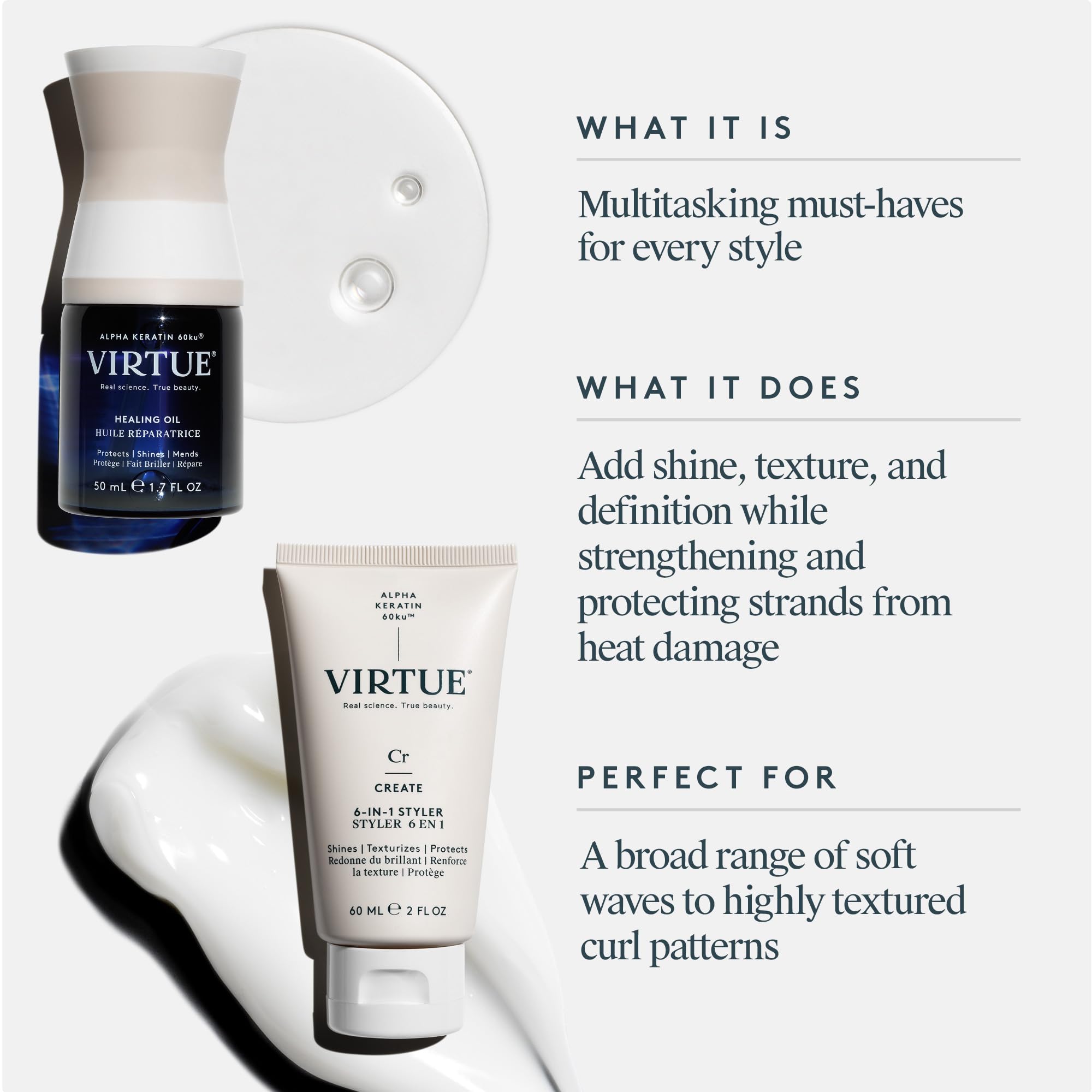 Closeup of VIRTUE Healing Hair Oil gloss on hair strands.