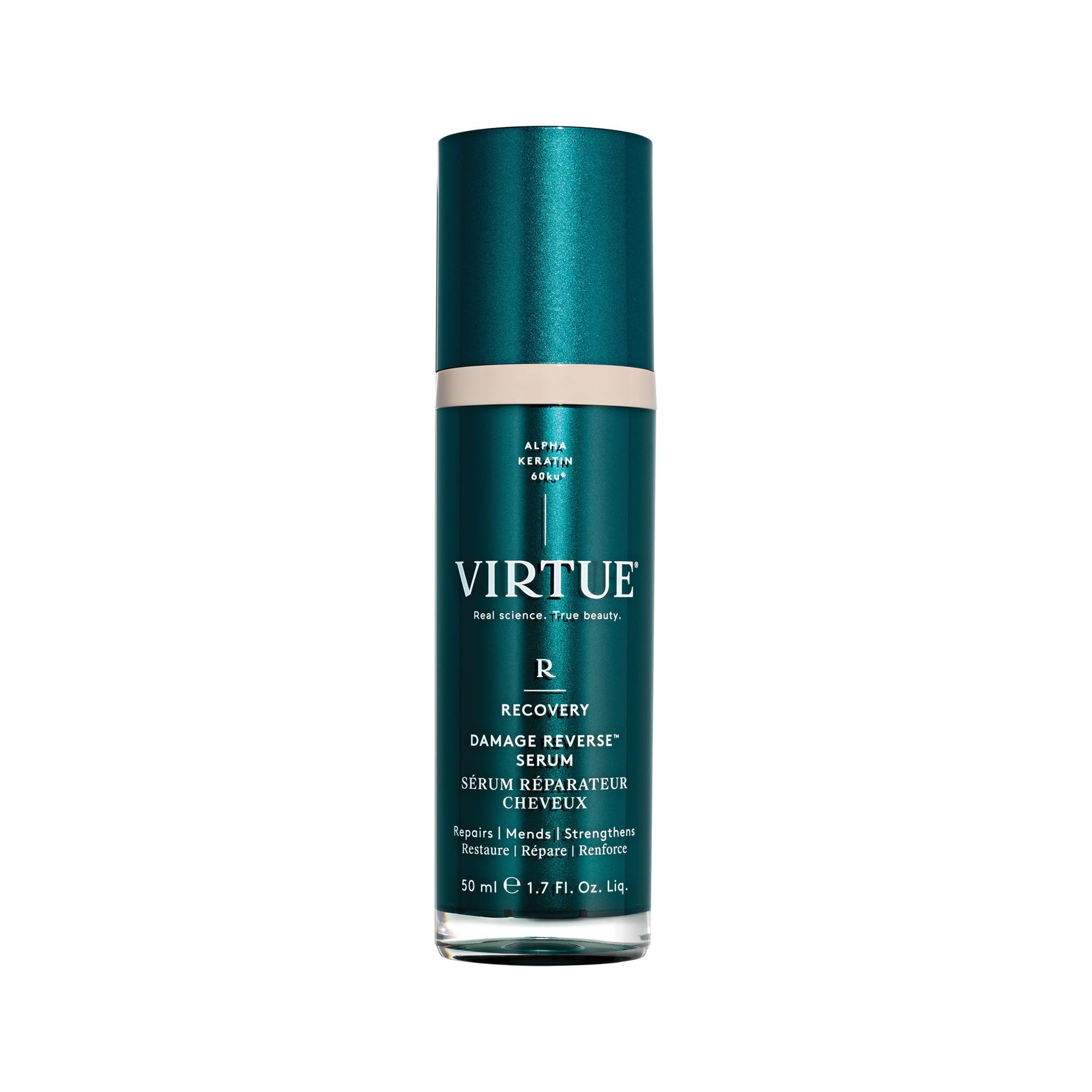 Virtue Recovery Damage Reverse Serum bottle shows fast absorption without weighing hair down.