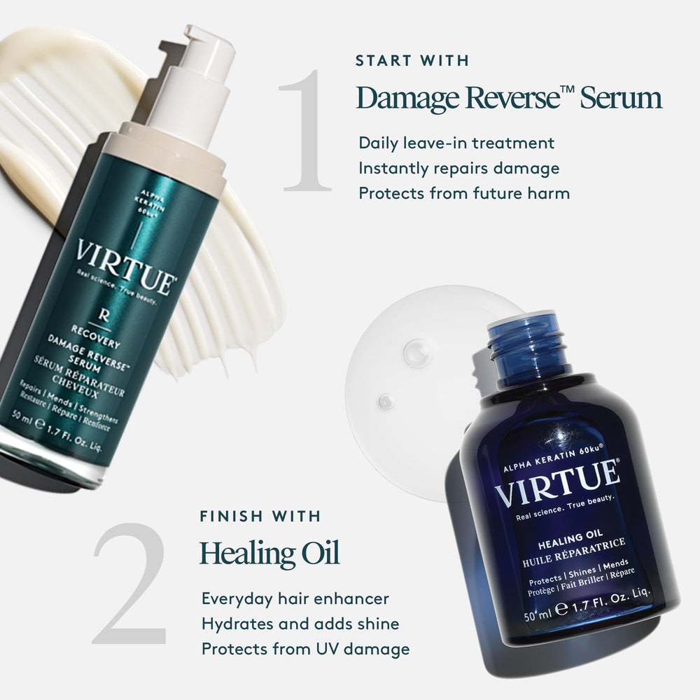 Virtue Recovery Damage Reverse Serum applied to hair ends delivers lightweight nourishment.