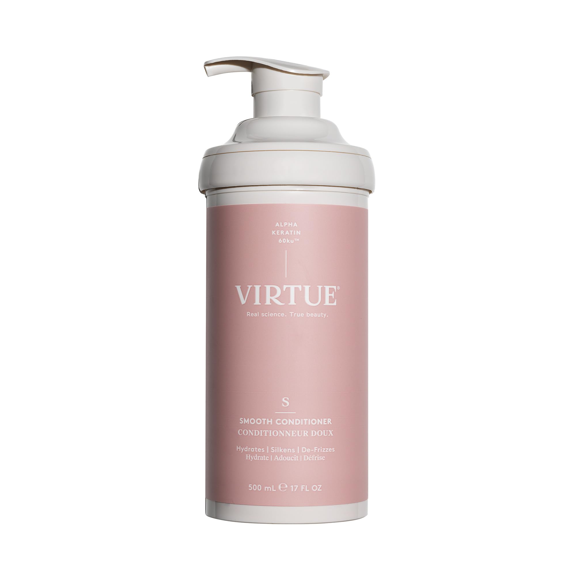 Virtue Smooth Conditioner bottle label highlighting frizz control benefits.