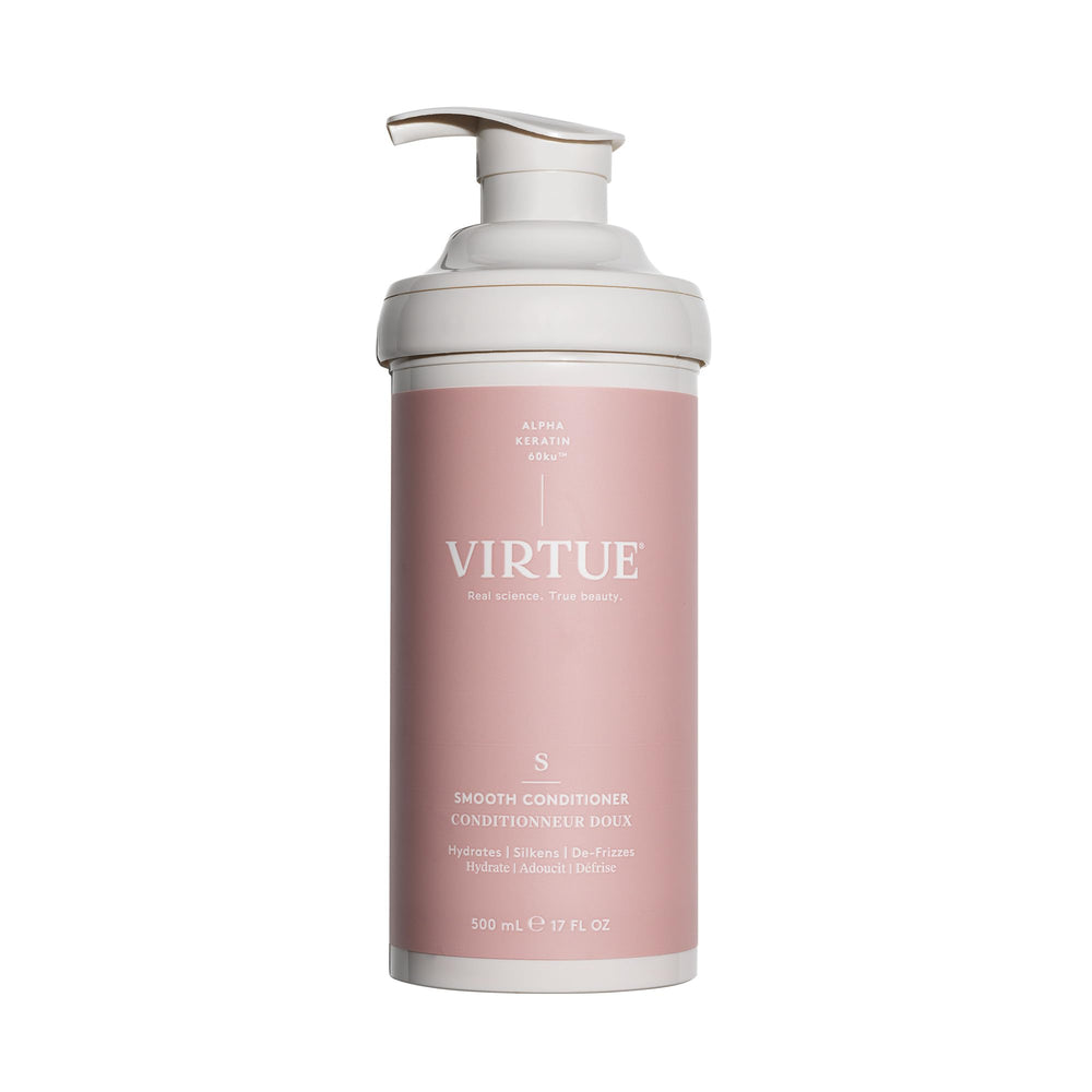 Virtue Smooth Conditioner bottle label highlighting frizz control benefits.