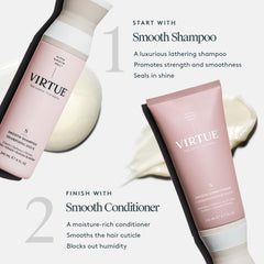 Virtue Smooth Shampoo all-hair-types usage image showing diverse curls.
