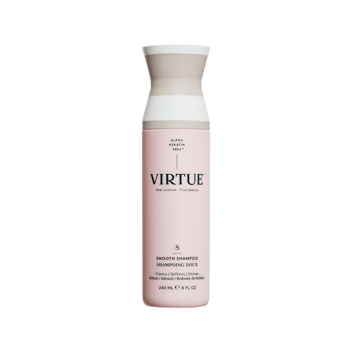 VIRTUE Smooth Shampoo bottle pour for quick, frizz-prevention cleansing.