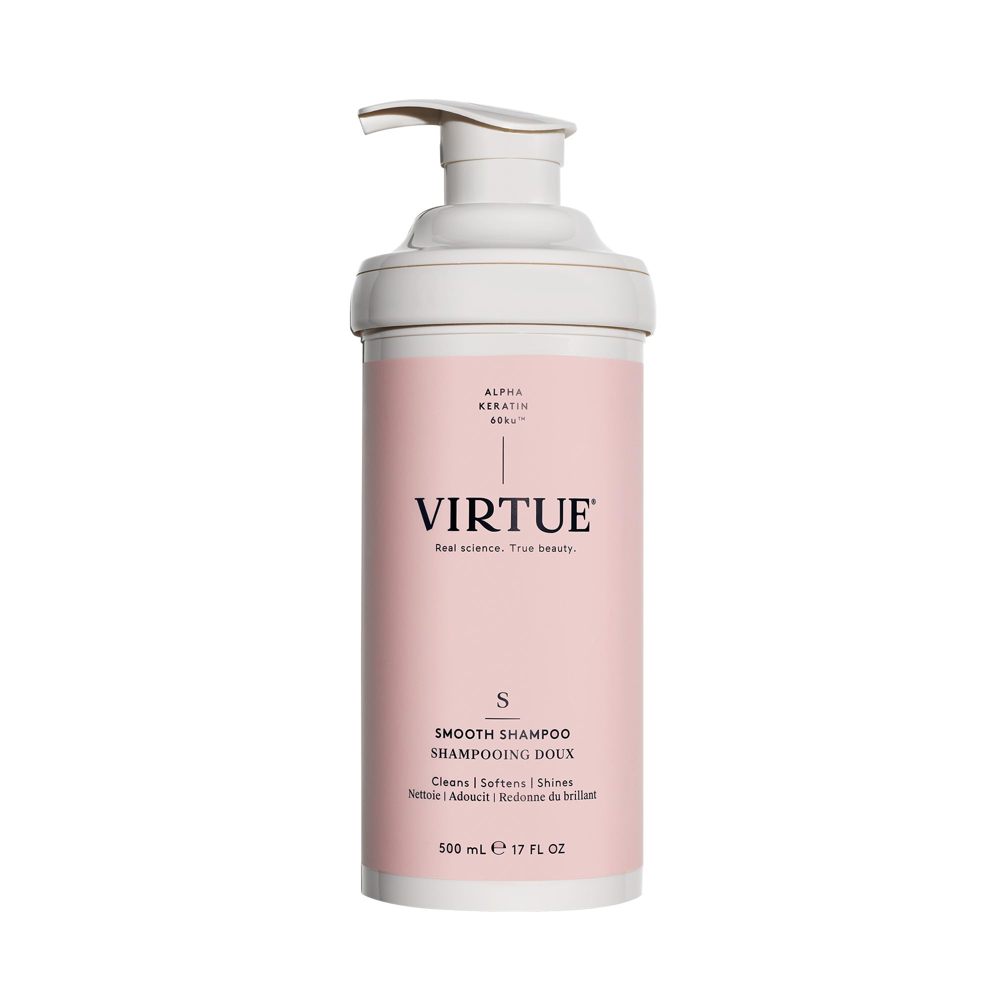 Virtue Smooth Shampoo bottle pouring, showcasing frizz-control lather benefits.