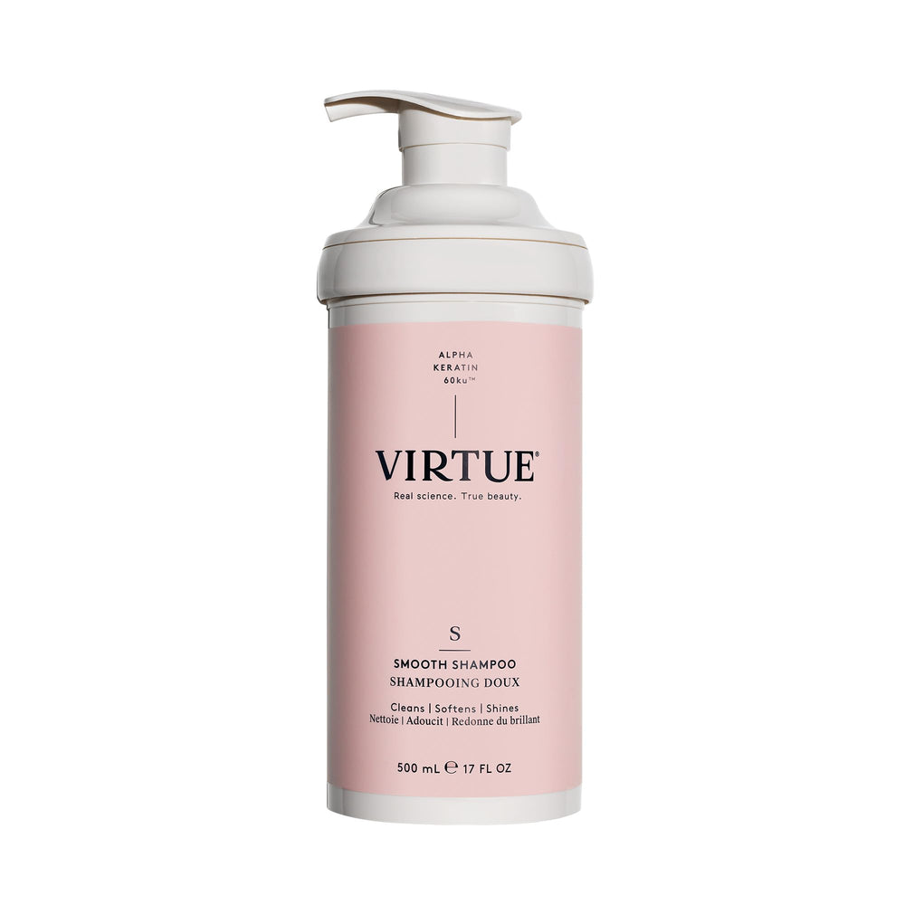 Virtue Smooth Shampoo bottle pouring, showcasing frizz-control lather benefits.