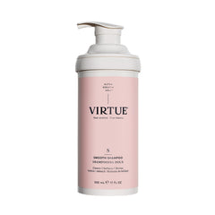 Virtue Smooth Shampoo bottle pouring, showcasing frizz-control lather benefits.