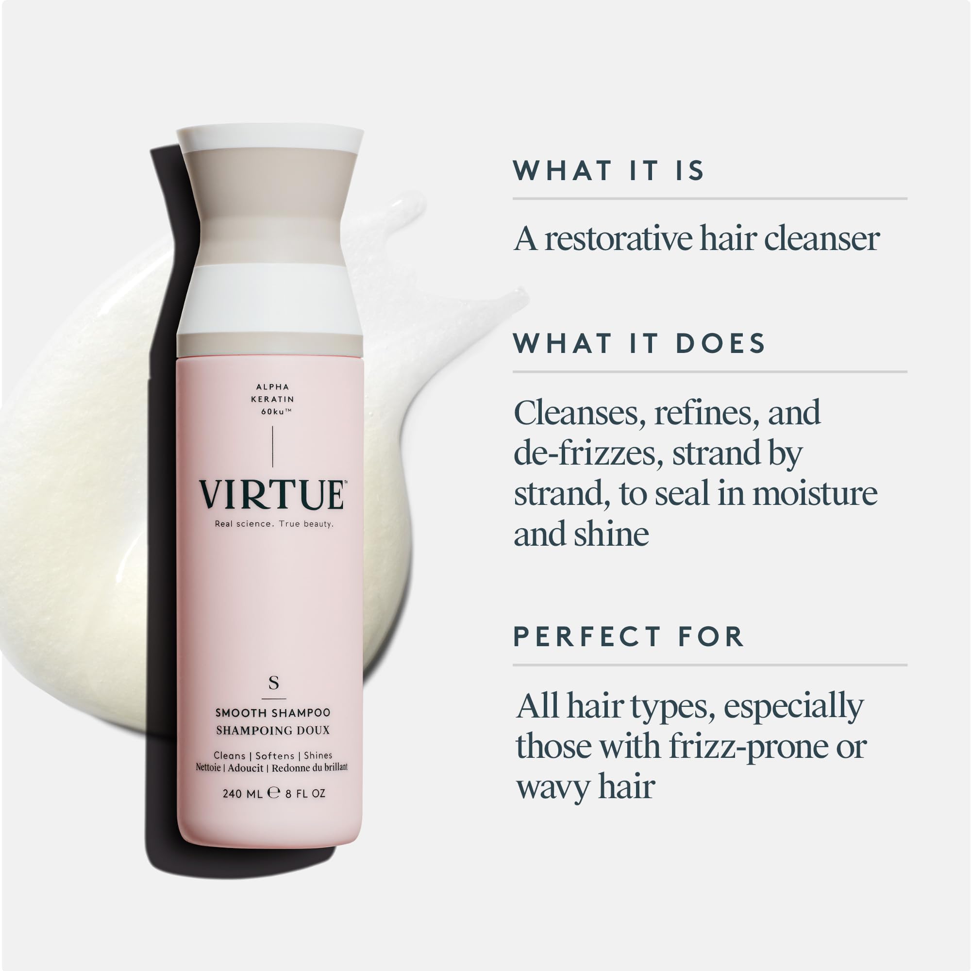 VIRTUE Smooth Shampoo color-safe bottle highlights suitable for treated hair.