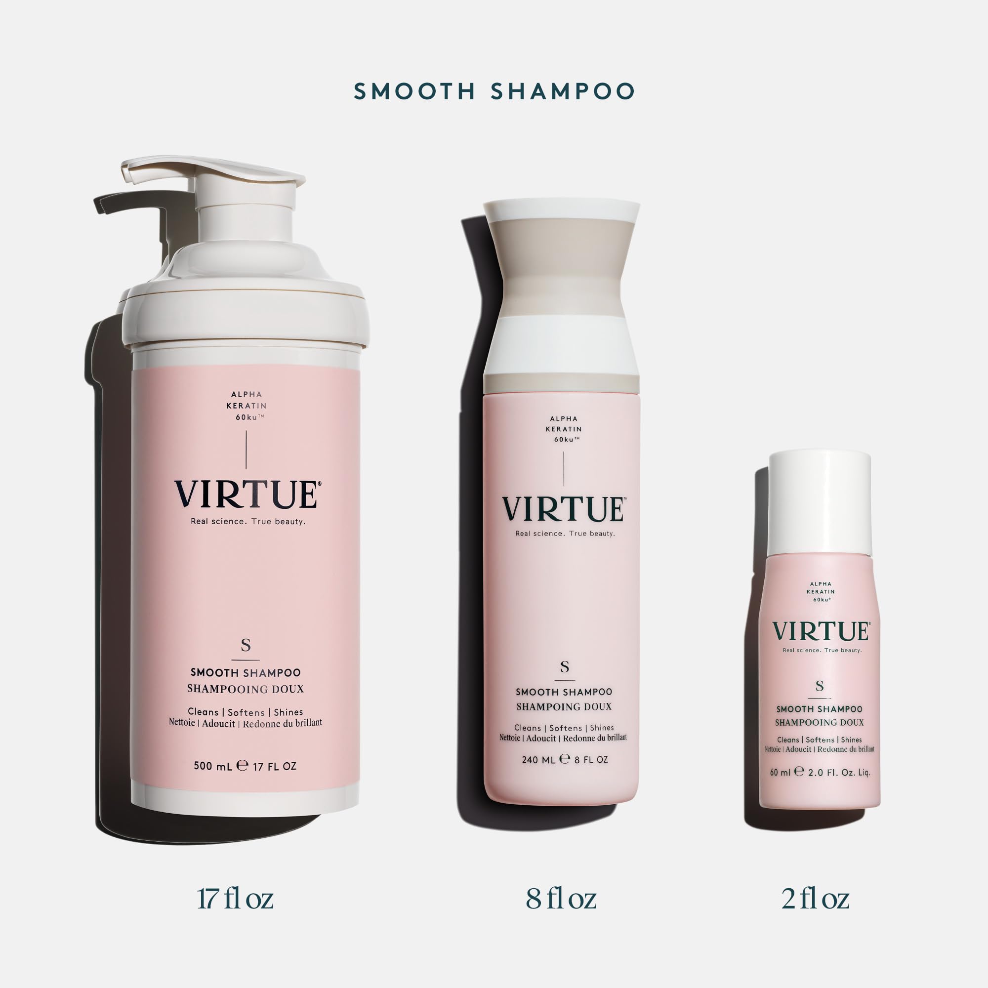 Virtue Smooth Shampoo color-safe badge visible on bottle label.