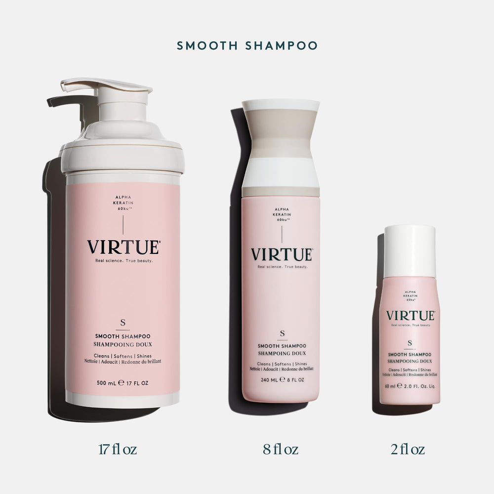 Virtue Smooth Shampoo color-safe badge visible on bottle label.