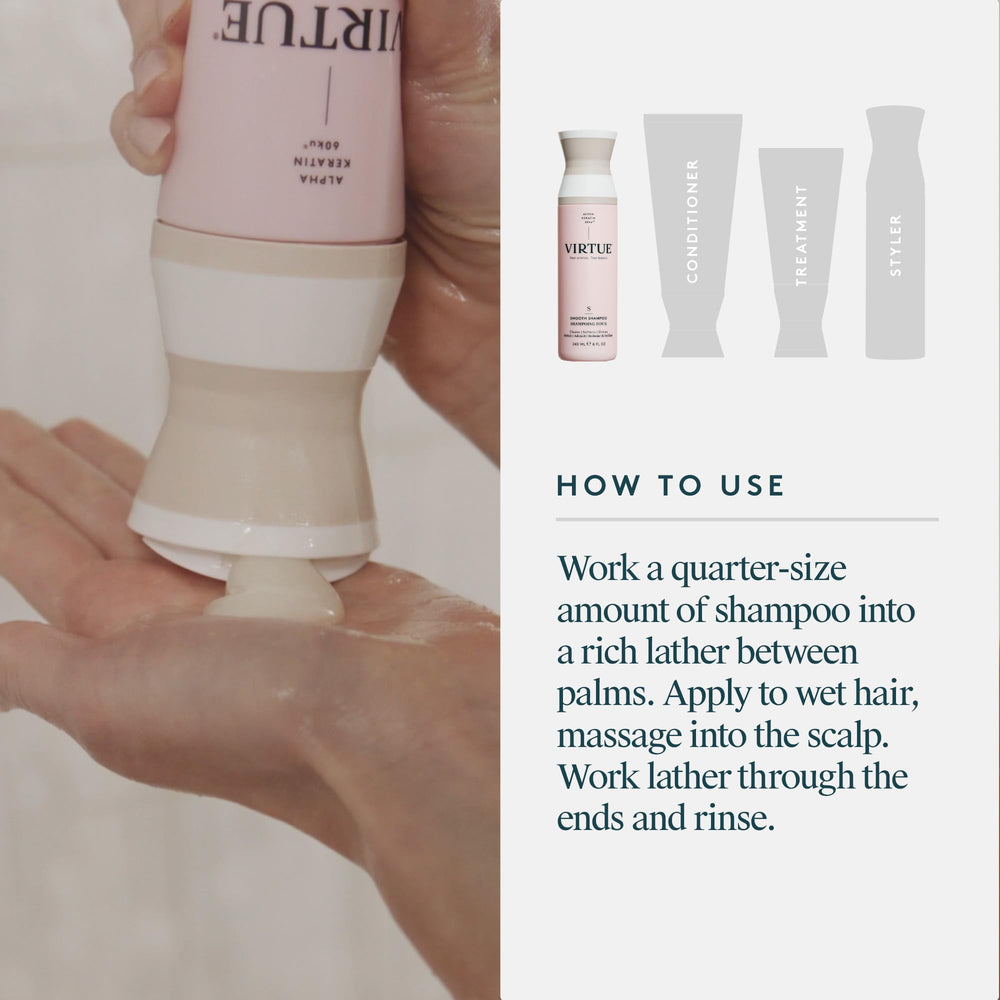 Virtue Smooth Shampoo frizz-control effect on textured hair.