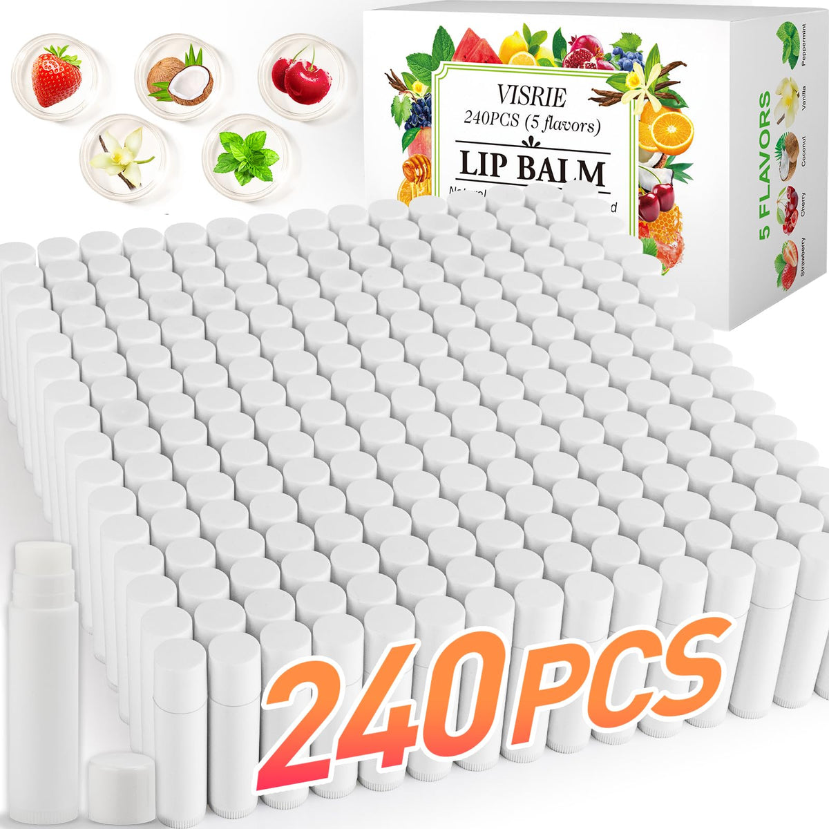 VISRIE 240-pack lip balm unlabeled tubes ready for custom labels and gifting.