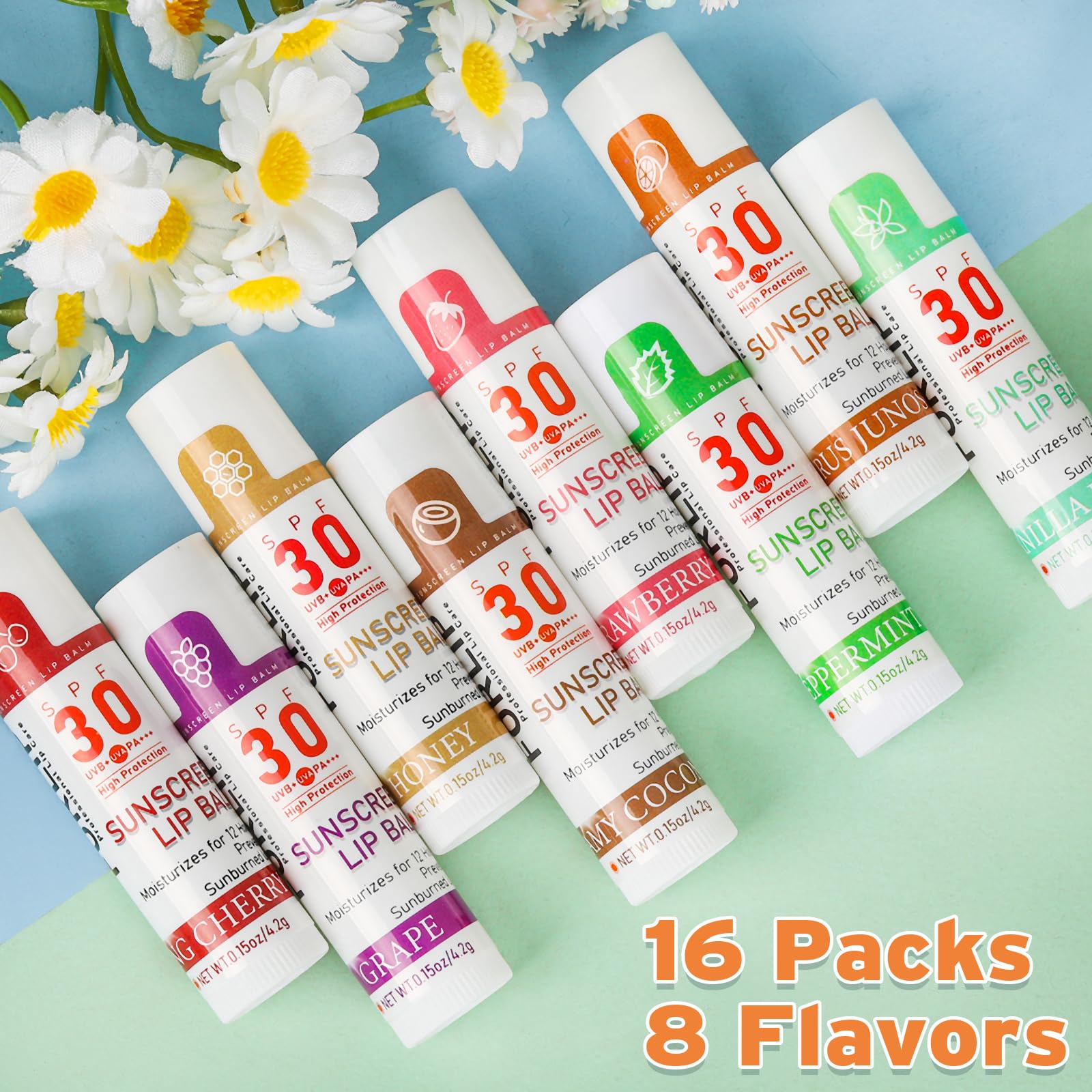 VISRIE eight-flavor lip balm variety including honey, vanilla, mint, coconut.
