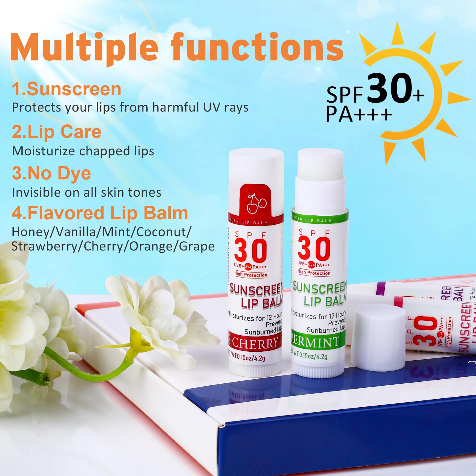 Eight flavors include Honey, Vanilla, Mint, Coconut, Strawberry, Cherry, Orange, Grape for taste.