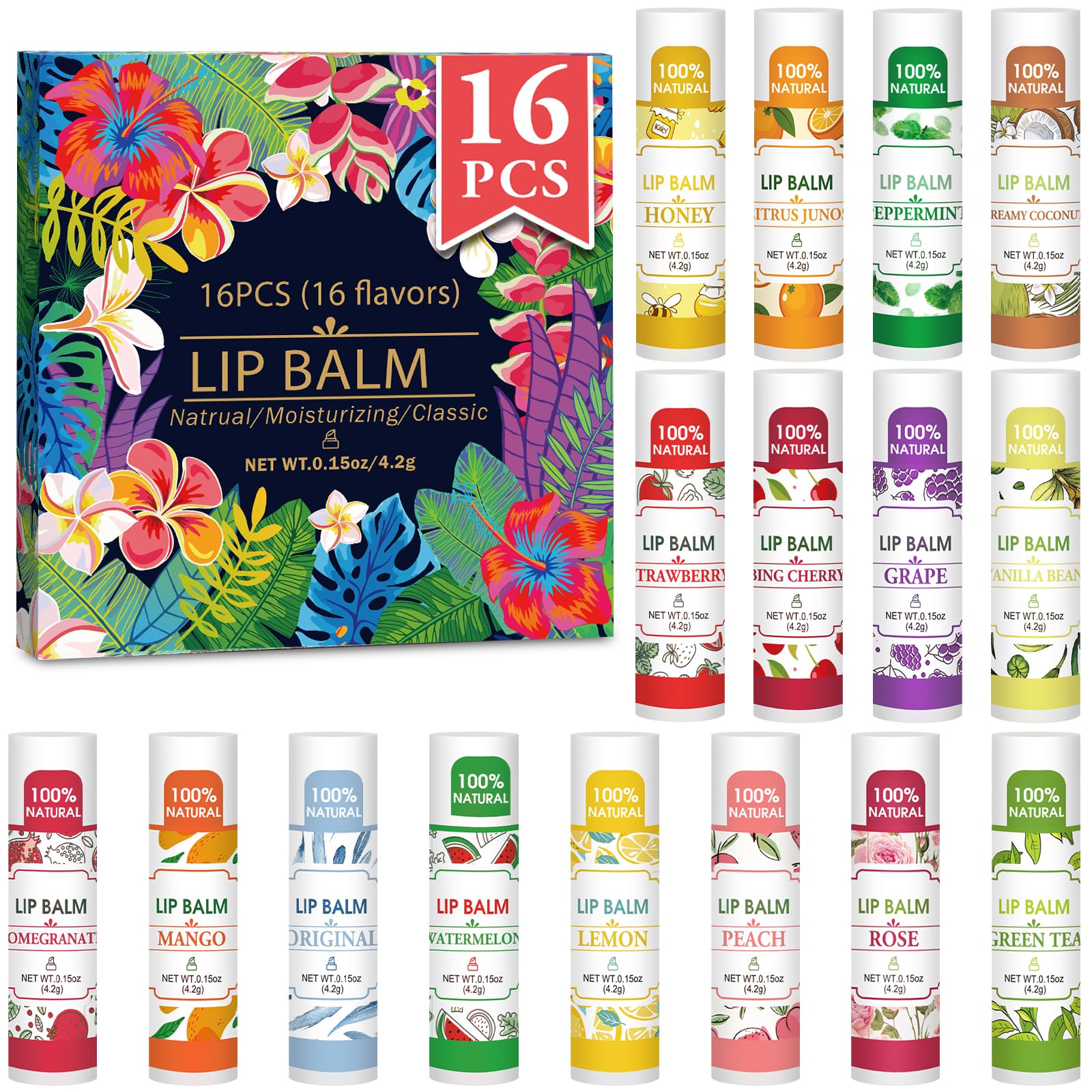 VISRIE lip balm 16-pack flavors assortment for daily moisture and subtle shine.