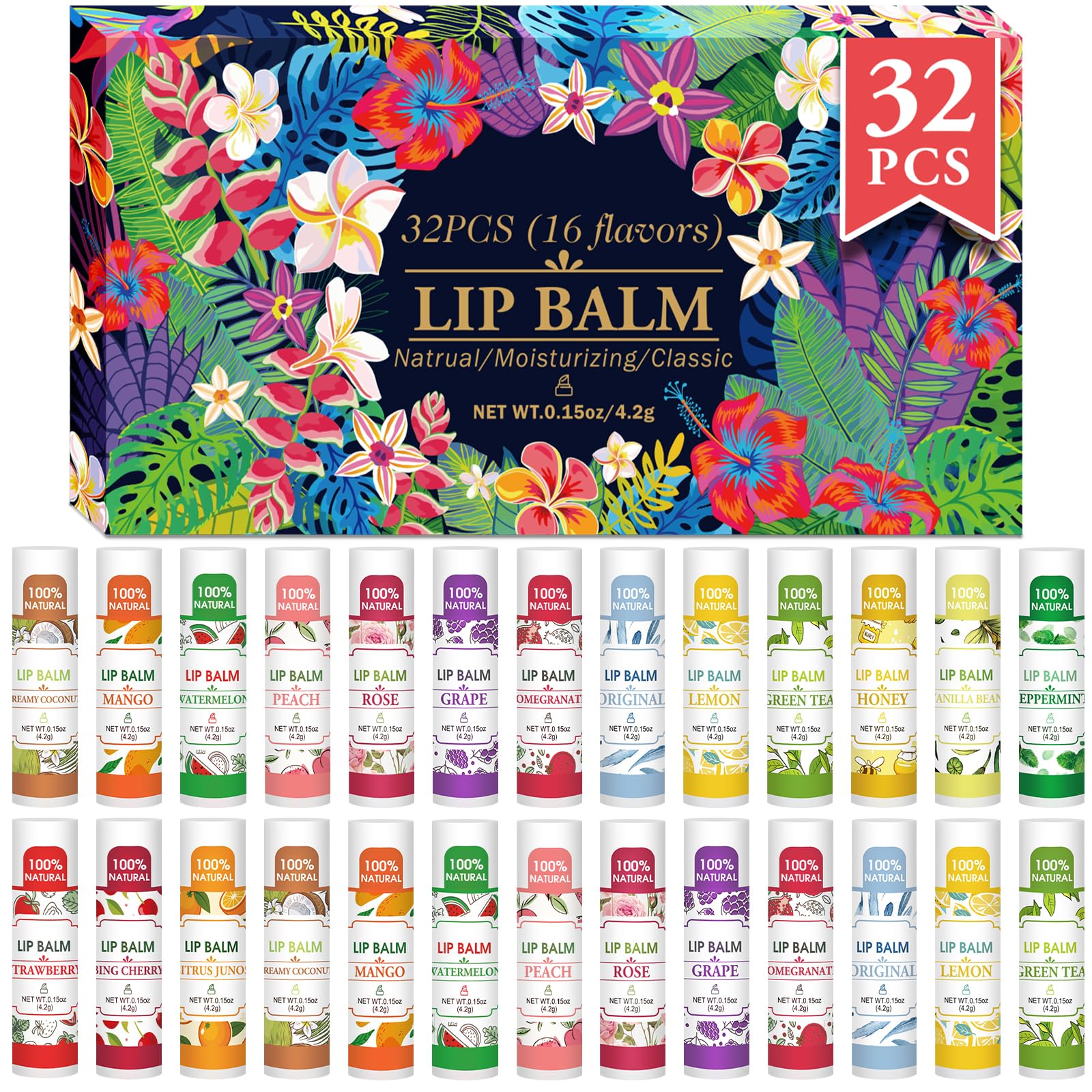 VISRIE 32-pack lip balm pack shot showing natural hydration for lips