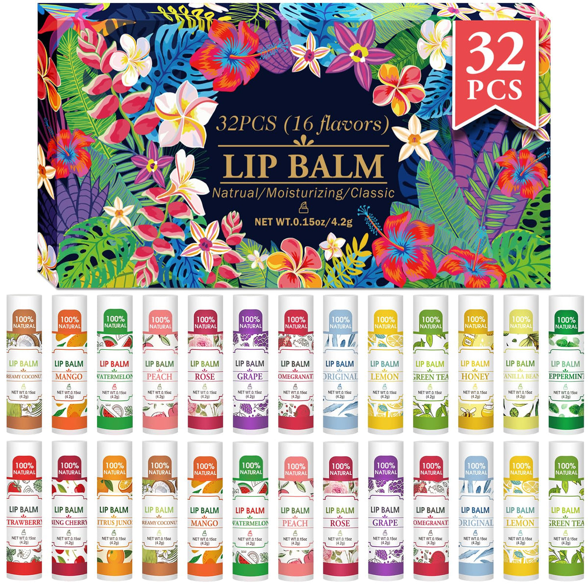 VISRIE 32-pack lip balm pack shot showing natural hydration for lips