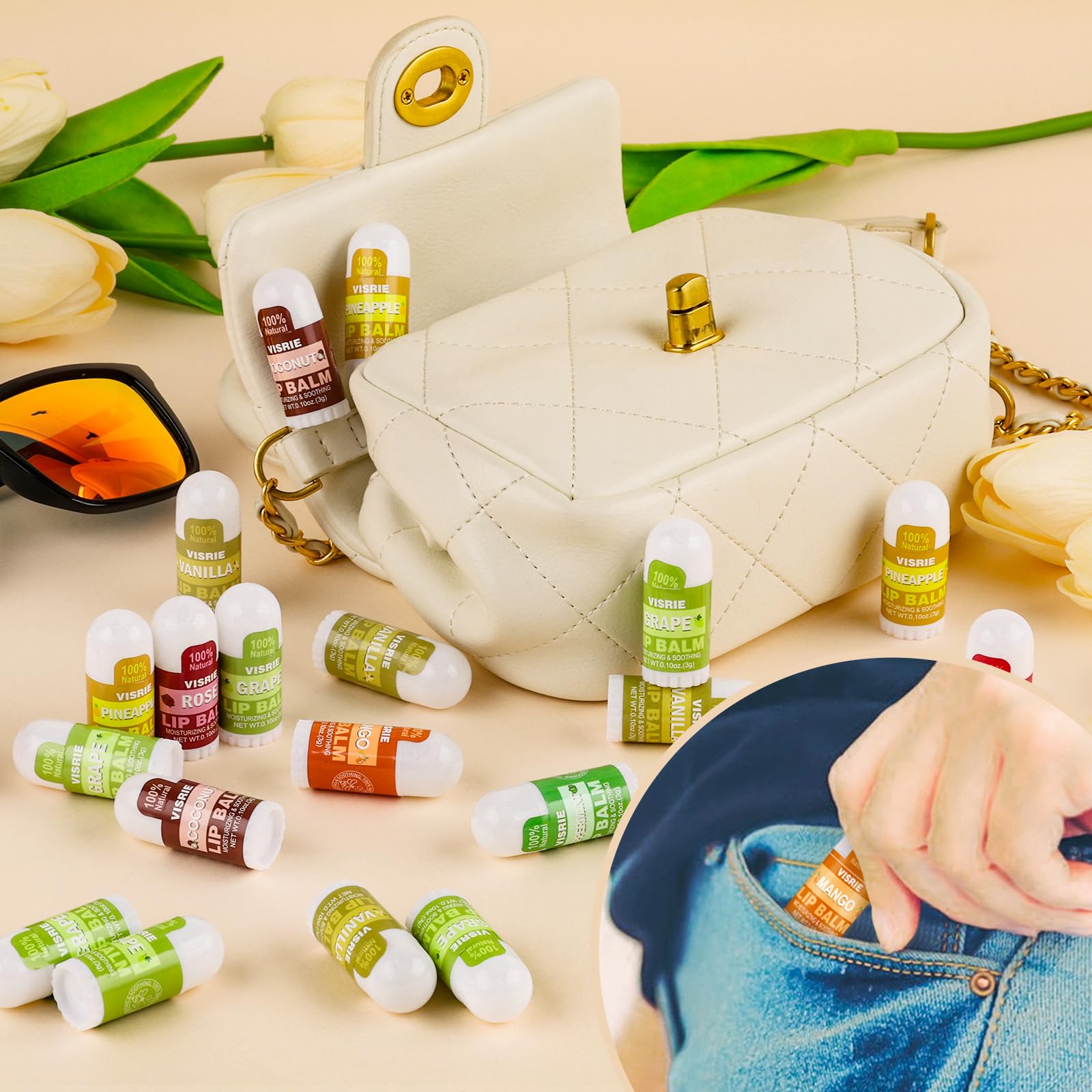 VISRIE mini lip balm Peppermint flavor offers refreshing moisture for lips.