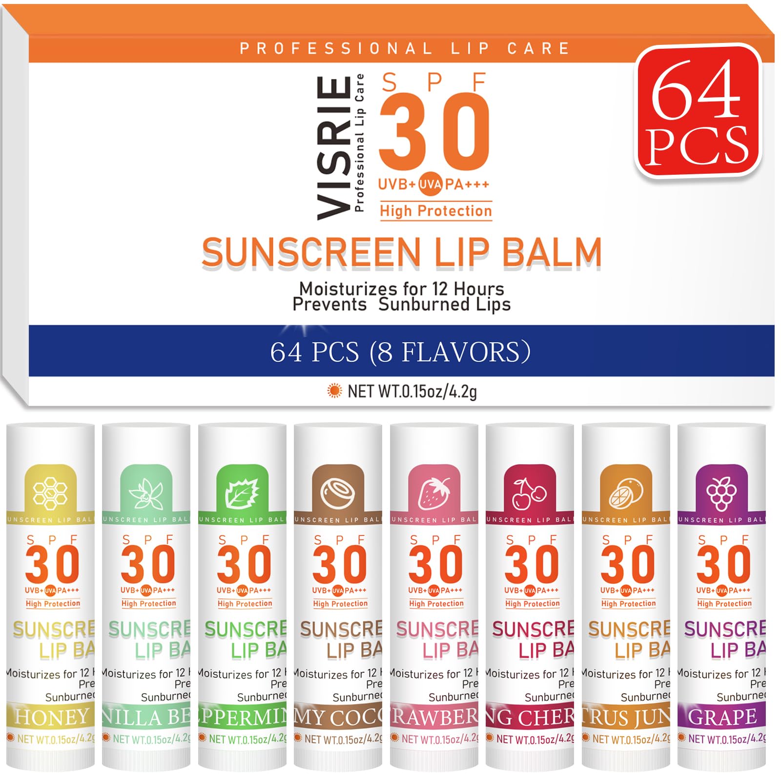 VISRIE SPF30 lip balm bulk pack displayed for beach-ready lip protection and hydration.