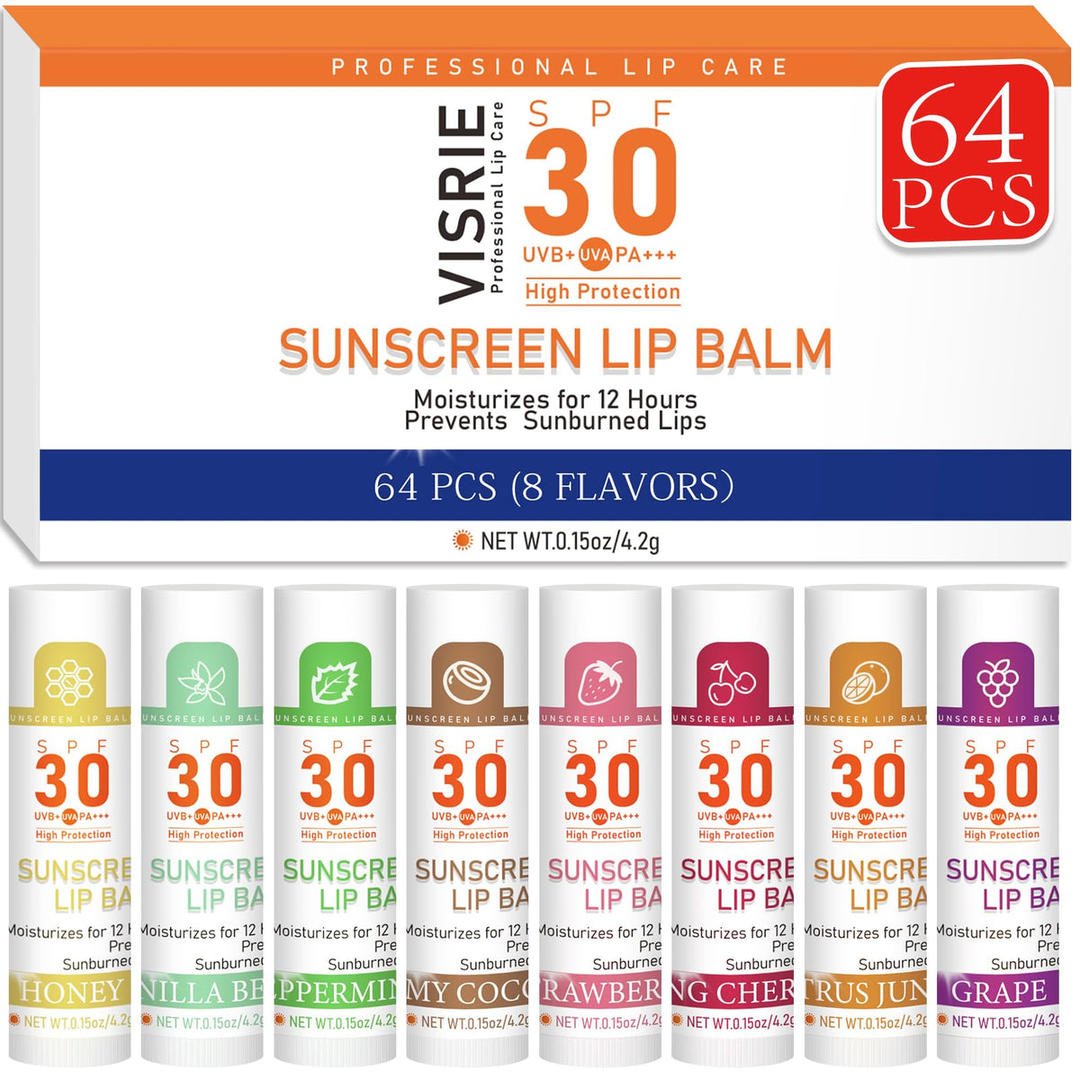 VISRIE SPF30 lip balm bulk pack displayed for beach-ready lip protection and hydration.
