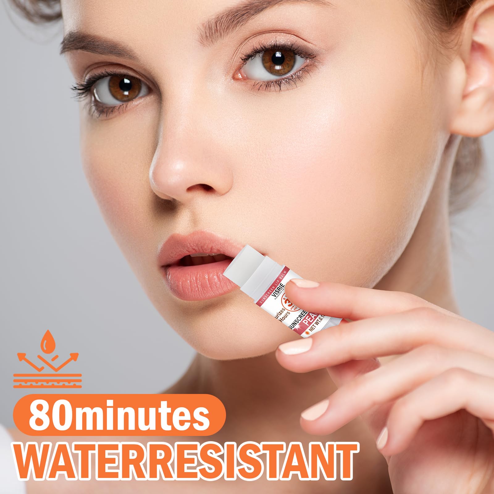 VISRIE lip balm applied on lips with a light, glossy feel.