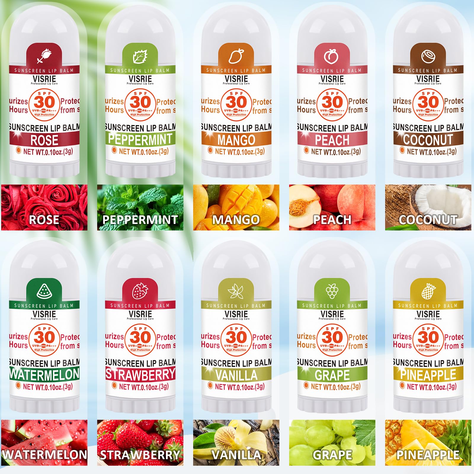 VISRIE SPF 30 lip balm tube back shows ingredients and broad spectrum protection.