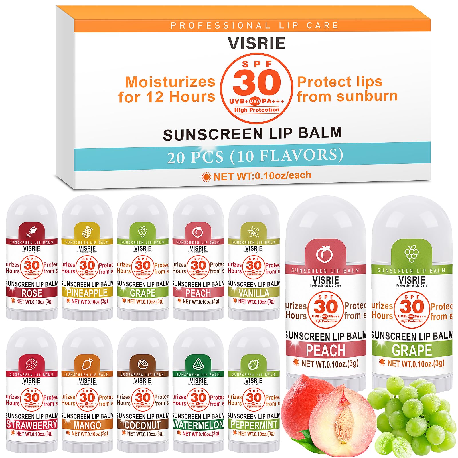 VISRIE SPF 30 lip balm tube front view offering sun protection and hydration.