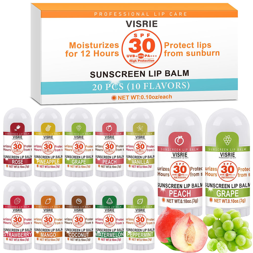 VISRIE SPF 30 lip balm tube front view offering sun protection and hydration.