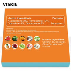 VISRIE Peach lip balm protecting lips during outdoor activities.