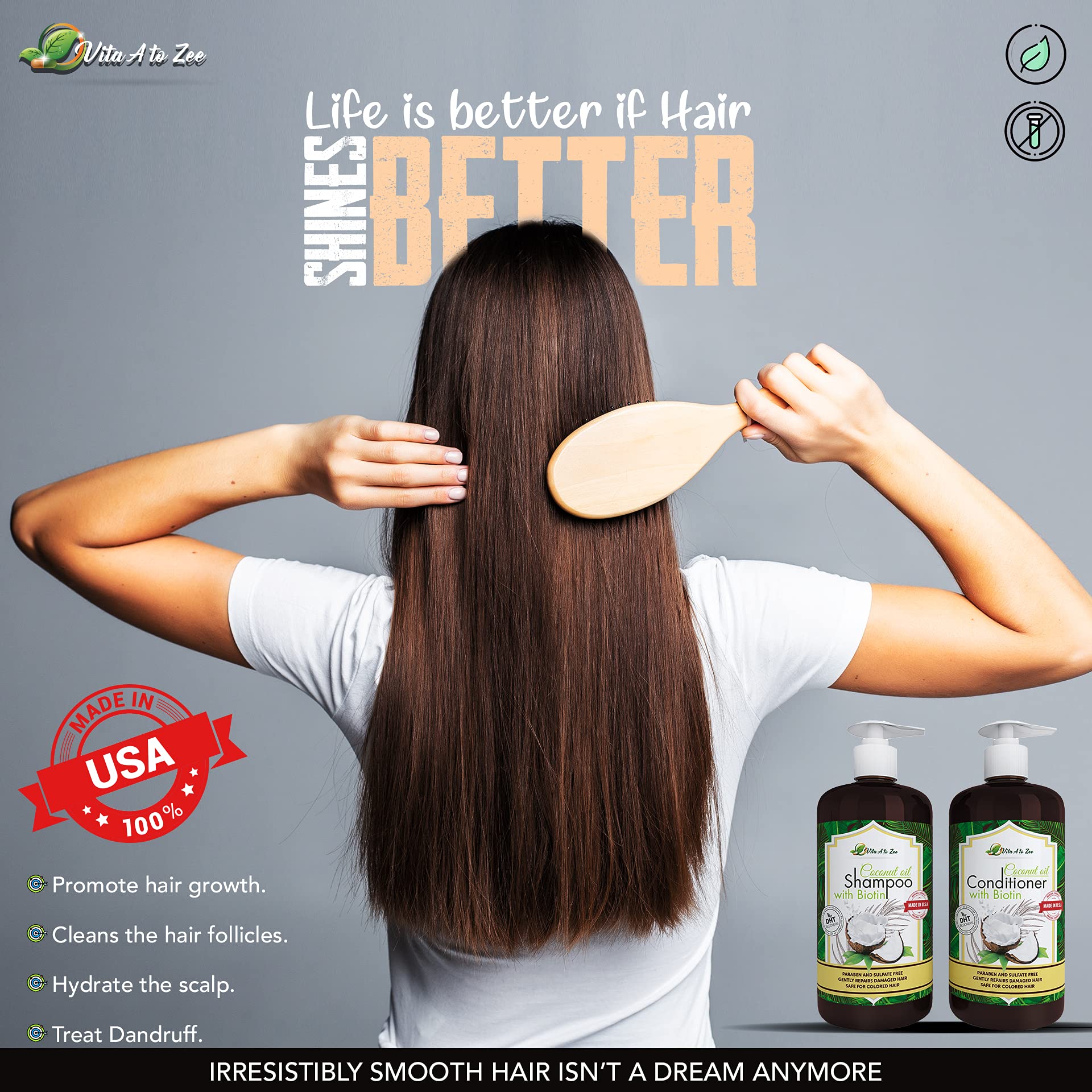 Vita A to Zee biotin-aloe vera formula shown in a jar highlights nourishing ingredients for healthy-looking hair.