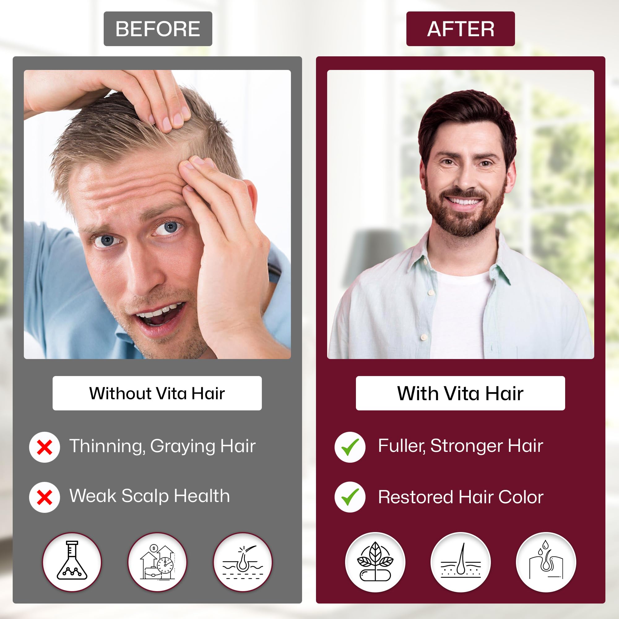 Vita Hair packaging and dosing cap for easy daily regimen.