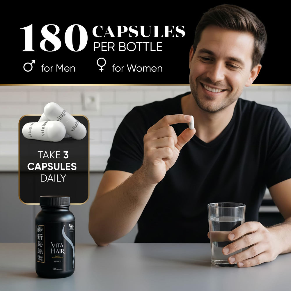 Vita Hair daily dosage scene with water glass beside capsules.
