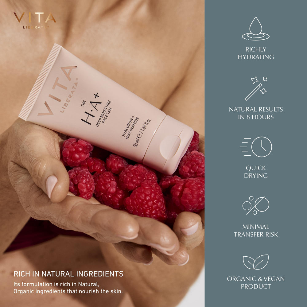 Hands applying Vita Liberata moisturizer for a subtle, buildable tan.