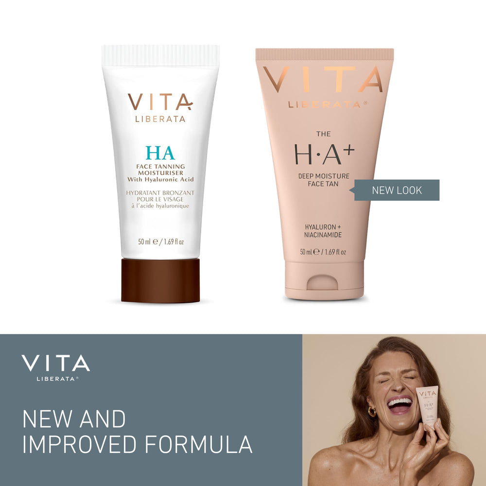 Packaging box and bottle of Vita Liberata face tanning moisturizer for at-home use.