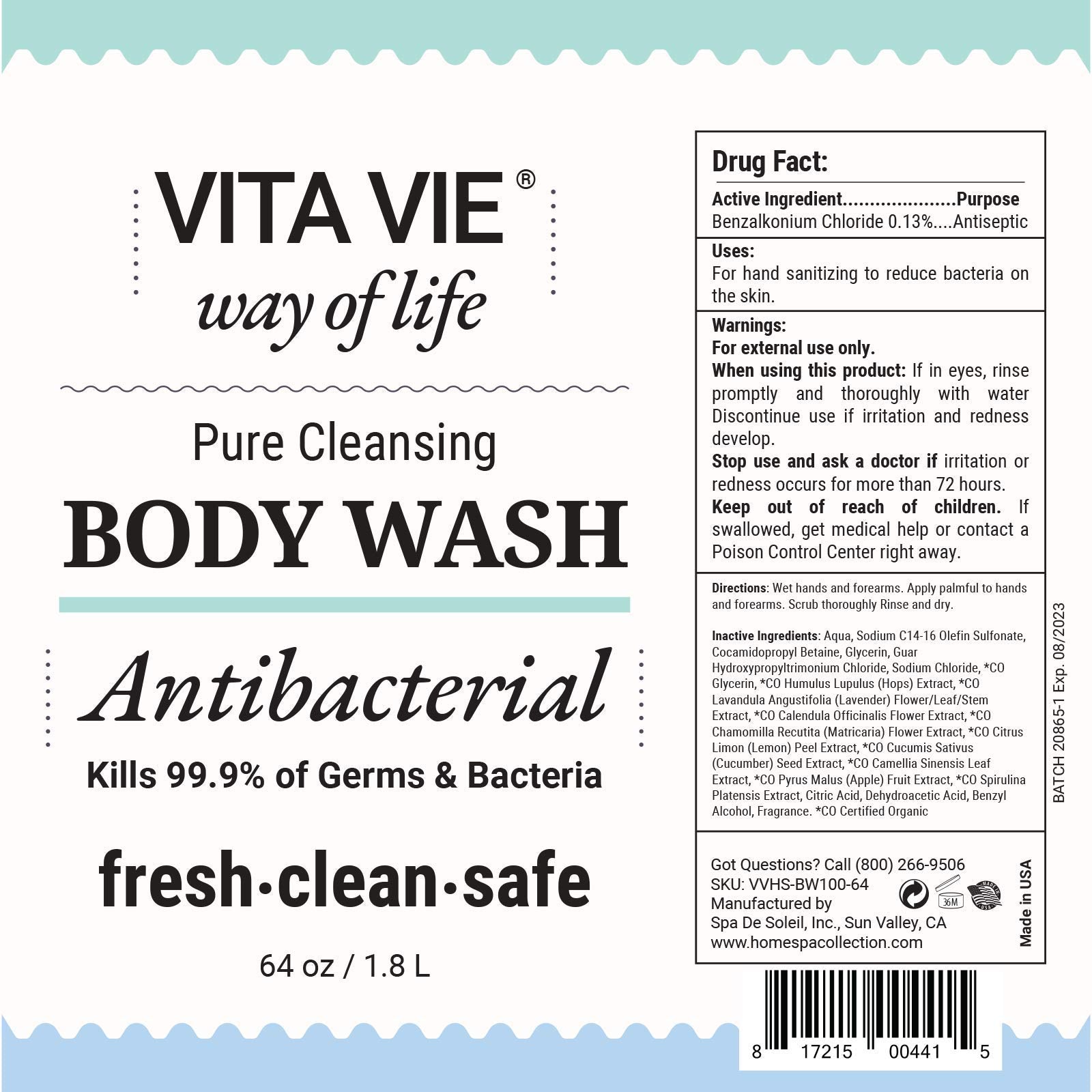 VITA VIE Body Wash Refill label view highlighting vegan, paraben-free formula.