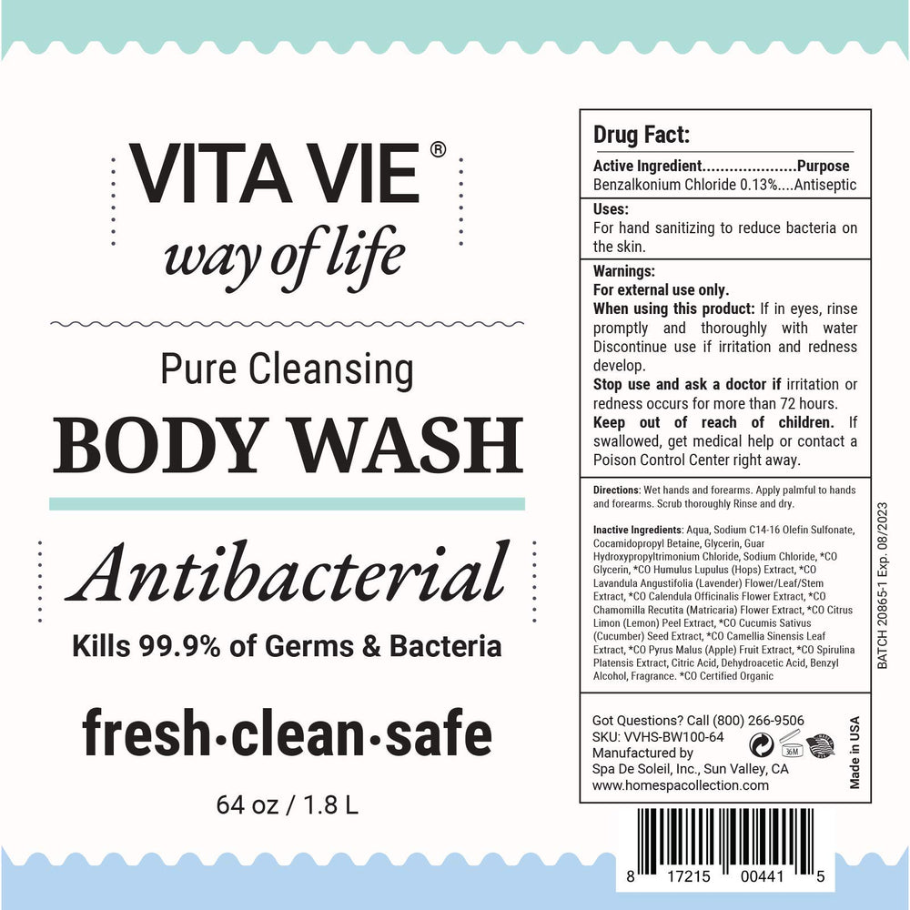VITA VIE Body Wash Refill label view highlighting vegan, paraben-free formula.