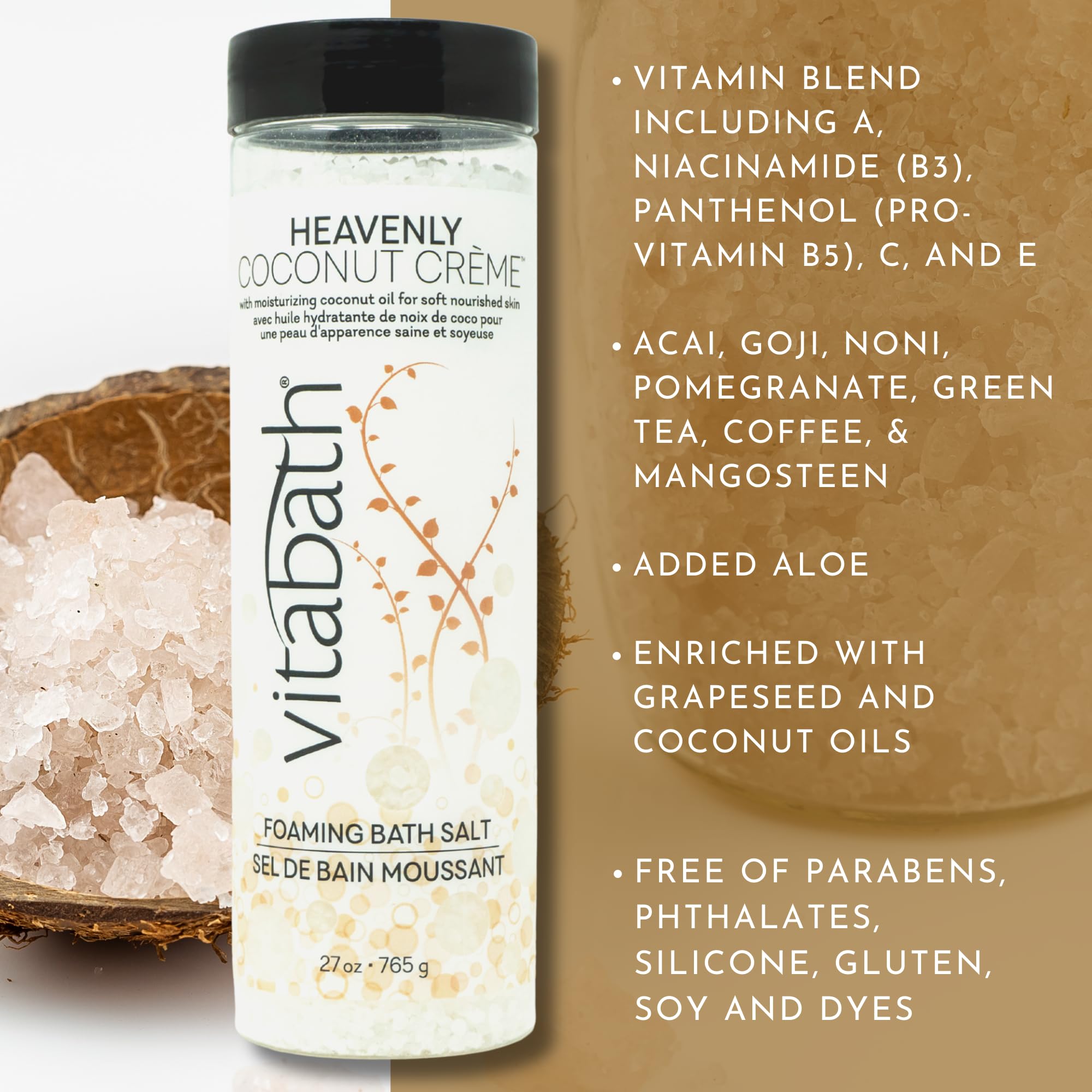 Vitabath Heavenly Coconut Crème Foaming Bath Salts deliver rich lather and inviting aroma.