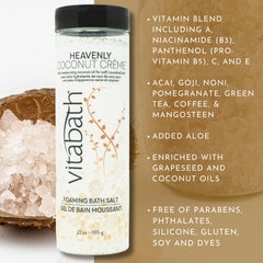 Vitabath Heavenly Coconut Crème Foaming Bath Salts deliver rich lather and inviting aroma.