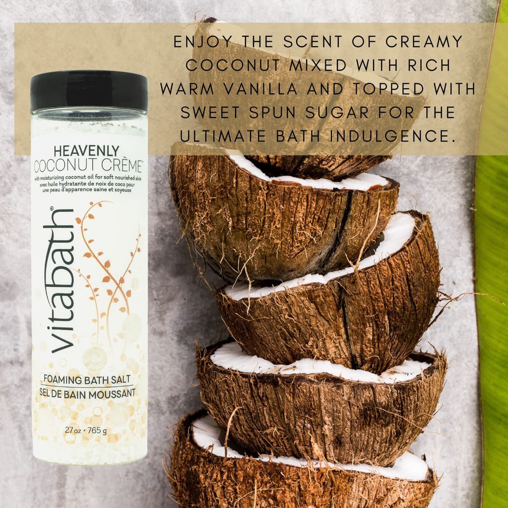 Vitabath Heavenly Coconut Crème Bath Salts highlight vitamins for nourished skin during soaks.