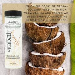 Vitabath Heavenly Coconut Crème Bath Salts highlight vitamins for nourished skin during soaks.