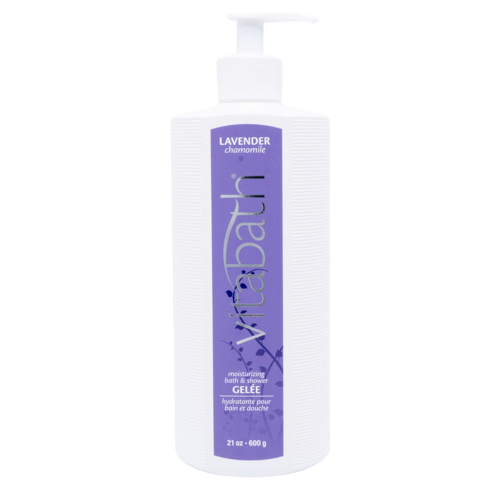 Closeup of Vitabath Lavender Chamomile bottle highlighting product name