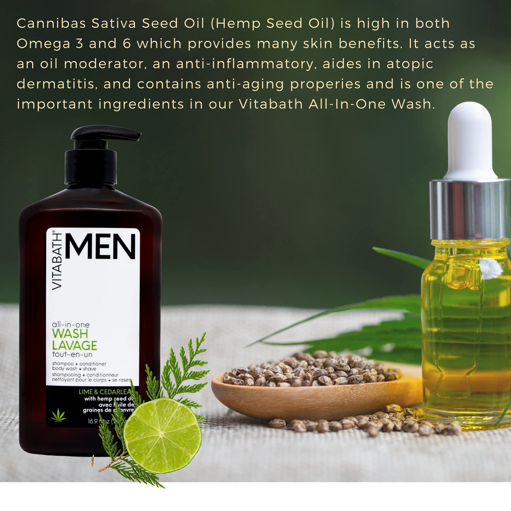Vitabath Men Lime & Cedarleaf contents-swatch presents vitamin-rich formula for revived skin.
