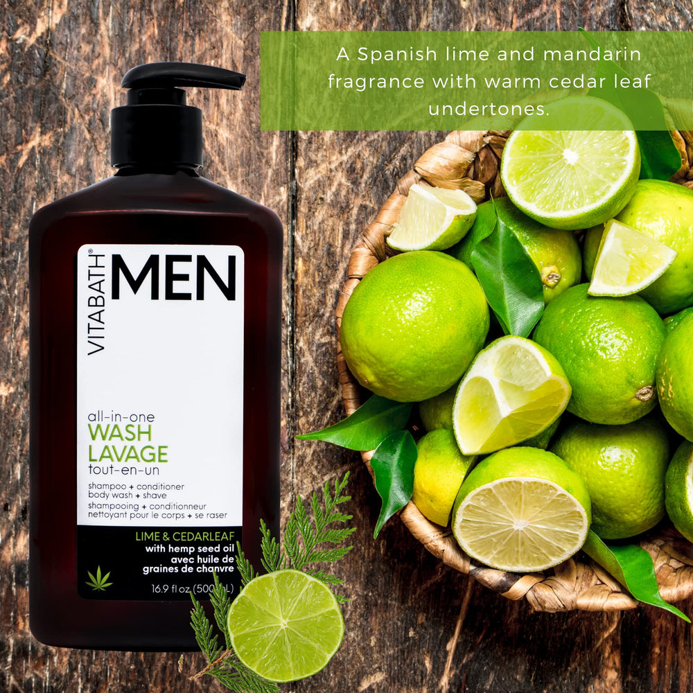 Vitabath Men Lime & Cedarleaf ready-to-shower scene signals quick, refreshing cleansing routine.