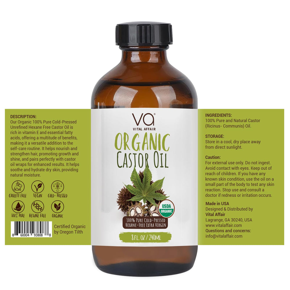 VITAL AFFAIR 8 oz castor oil bottle offering generous coverage for beauty routines