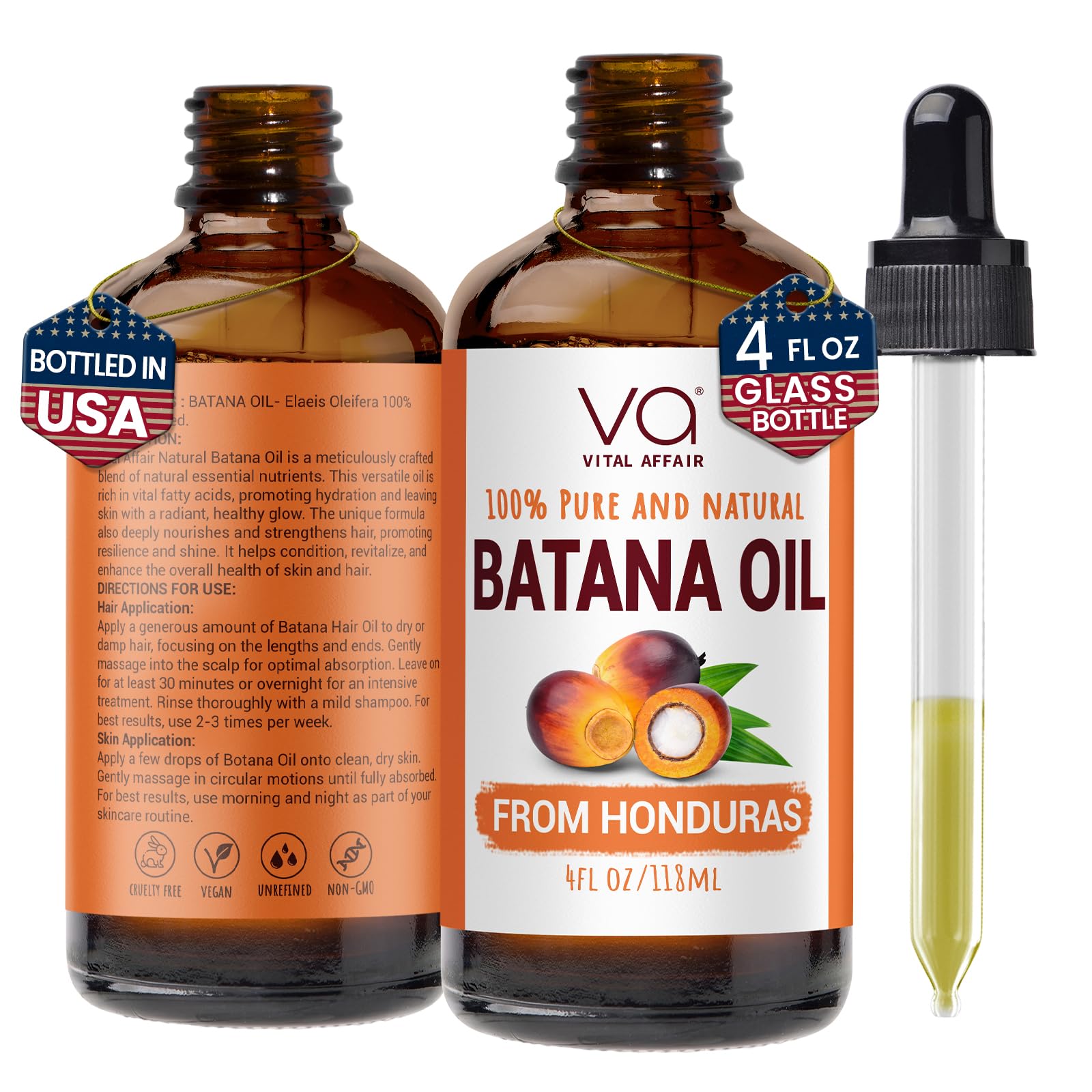 VITAL AFFAIR Batana Oil glass bottle close-up for deep hair hydration.