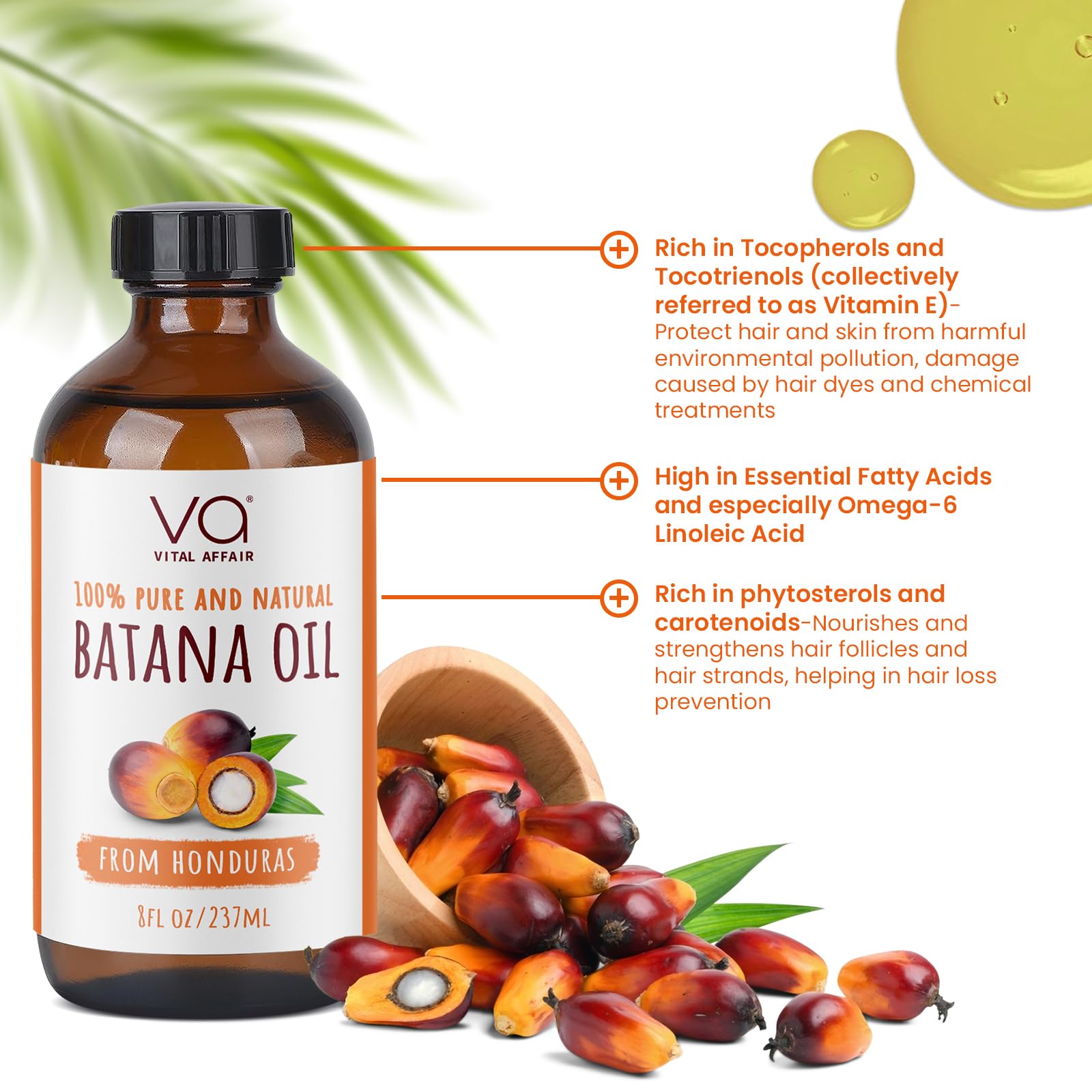 VITAL AFFAIR Batana Oil in a hair care setup hints at frizz control and shine.