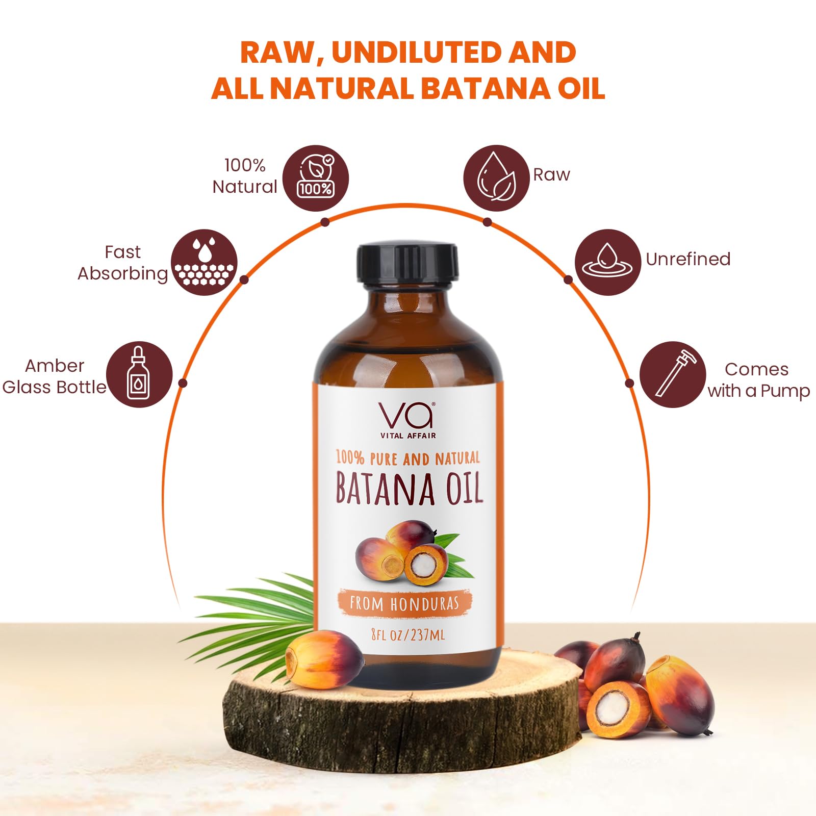 VITAL AFFAIR Batana Oil on a clean surface emphasizes 100% raw Honduran oil.